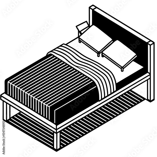 Isometric bed with striped blanket isolated on white background
