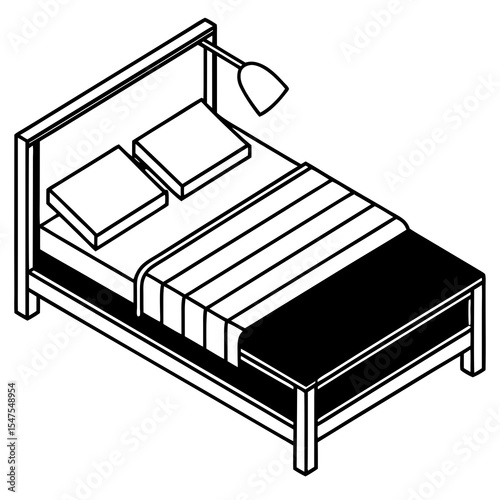 Isometric bed with lamp isolated on white background