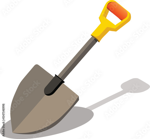A gray and yellow garden shovel with a shadow