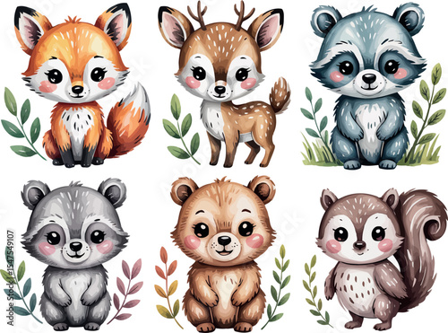 six adorable woodland animals. There is a fox, a deer, a raccoon, another raccoon, a bear, and a squirrel. They are drawn in a charming, stylized manner.