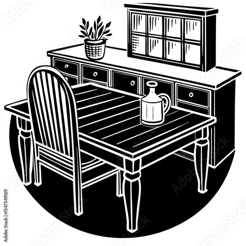 Dining room features table chair and cabinet in monochrome style