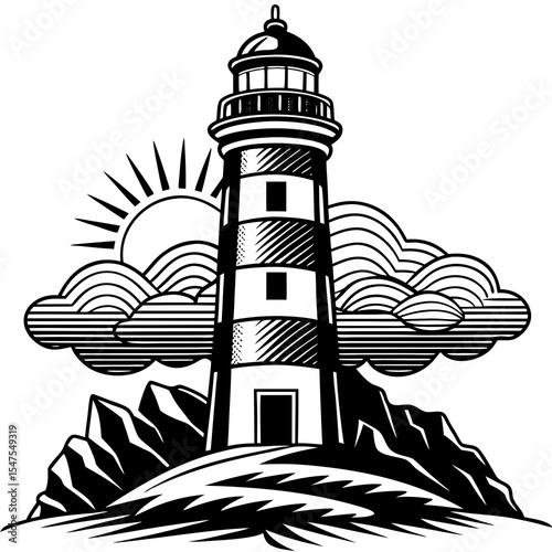 Lighthouse on rocky coast with sun and clouds illustration