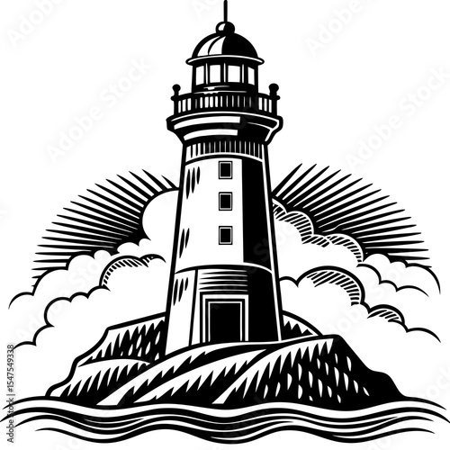 Lighthouse stands tall on a rocky island with radiating sunlight