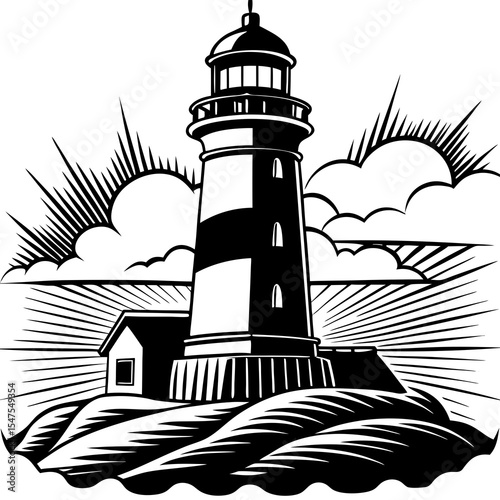 Lighthouse with a small house on a rocky island near the sea