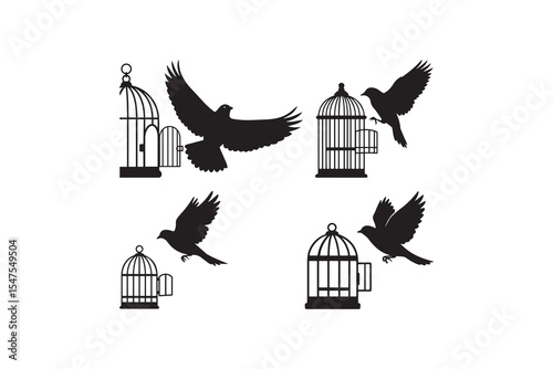 Bird and Cage Silhouette Vector Set Flying Birds with Open Cages Silhouette