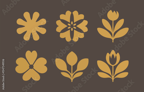 Collection of six unique golden floral designs on dark brown background