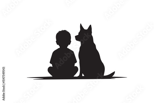 Boy and Dog Sitting Together Silhouette Child and Pet Dog Friendship Silhouette