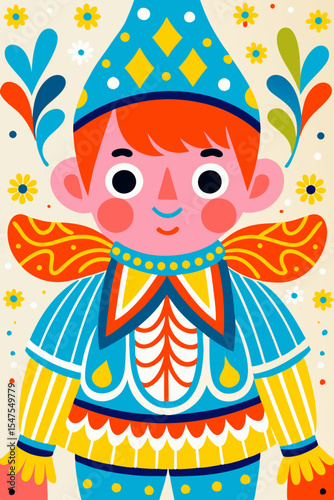 Colorful cartoon child in elf costume with playful expression  
