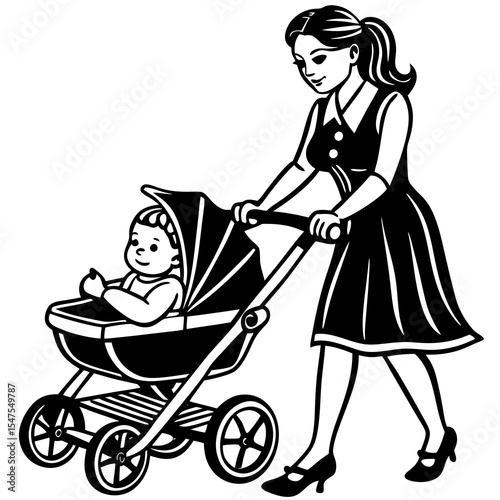 Woman pushing a baby stroller isolated on white background