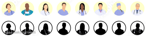 People portraits of faceless males, females doctor and nurse, men and women face avatars isolated at round icons set, vector flat illustration