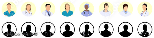 People portraits of faceless males, females doctor and nurse, men and women face avatars isolated at round icons set, vector flat illustration