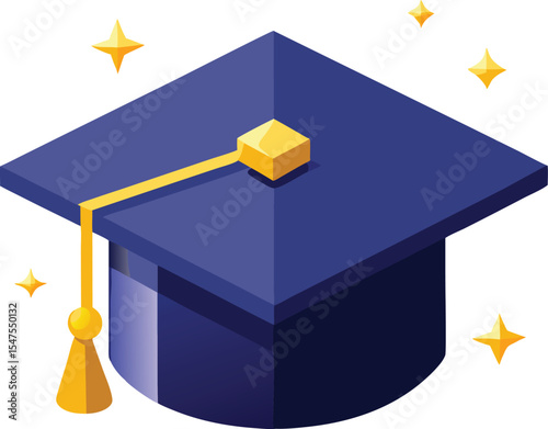 Isometric illustration of a graduation cap with golden accents