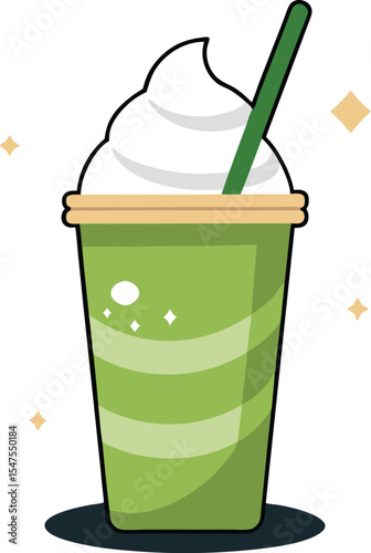 Refreshing green matcha frappuccino with whipped cream