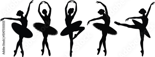 Silhouette vector of a ballet dancer in various graceful poses, demonstrating classical technique and flowing movements.