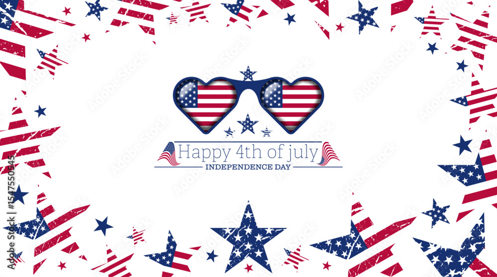 Obraz premium Abstract 3d usa flag frame, heart shape glasses with american flag, independence day text vector illustration. Usa freedom flag glasses to use for 4th july independence day, memorial day projects. 