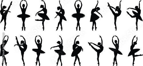Silhouette vector of a ballet dancer in various graceful poses, demonstrating classical technique and flowing movements.