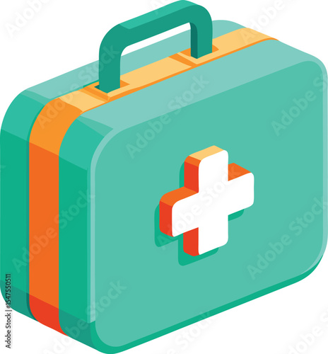 Isometric illustration of a teal medical first aid kit