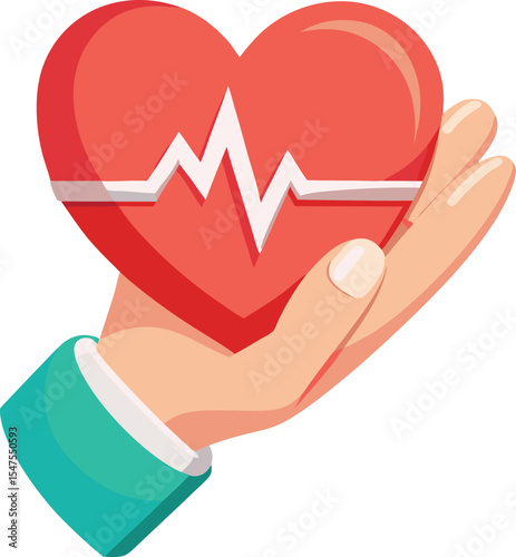 Hand holding a red heart with heartbeat graphic