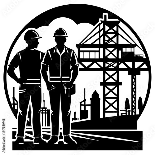 Two construction workers stand in front of a crane