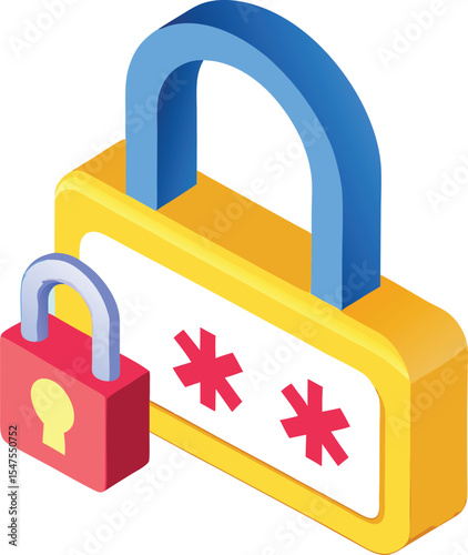Isometric illustration of padlock with password asterisks