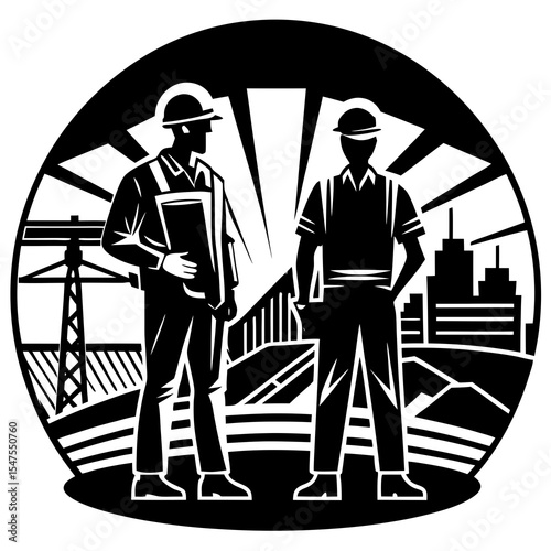 Two construction workers stand in front of a city skyline