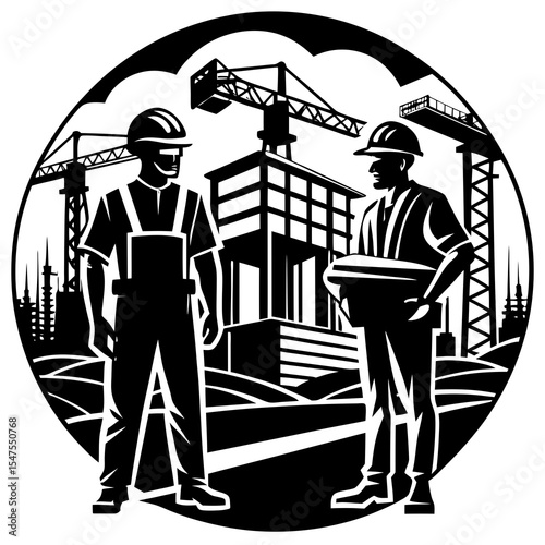 Two construction workers stand in front of a construction site