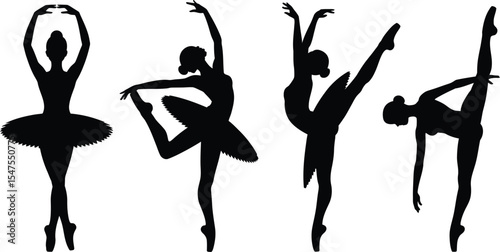 Silhouette vector of a ballet dancer in various graceful poses, demonstrating classical technique and flowing movements.