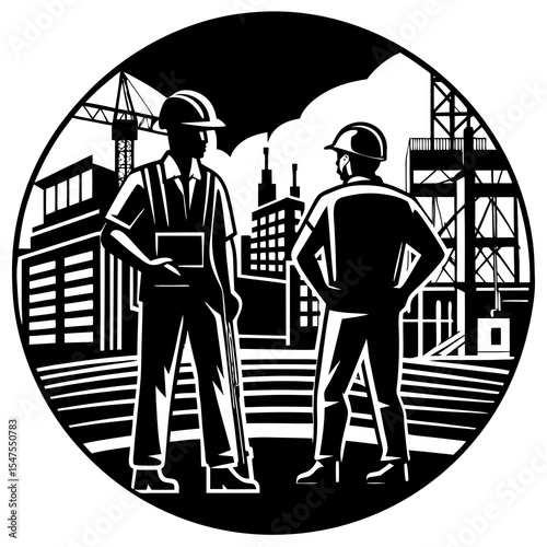 Two construction workers stand in front of a building