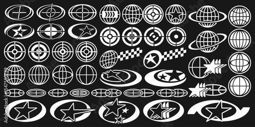 Futuristic Y2K vector shape set with abstract icons, globes, sparkle stars, grids, and tech-inspired elements. Perfect for digital design, posters, and streetwear graphics.