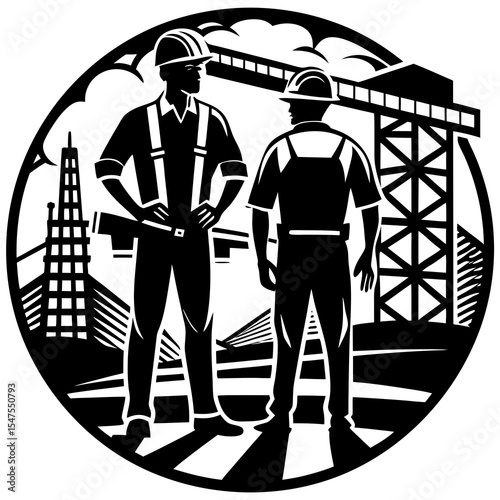 Two construction workers stand on a building site with a crane