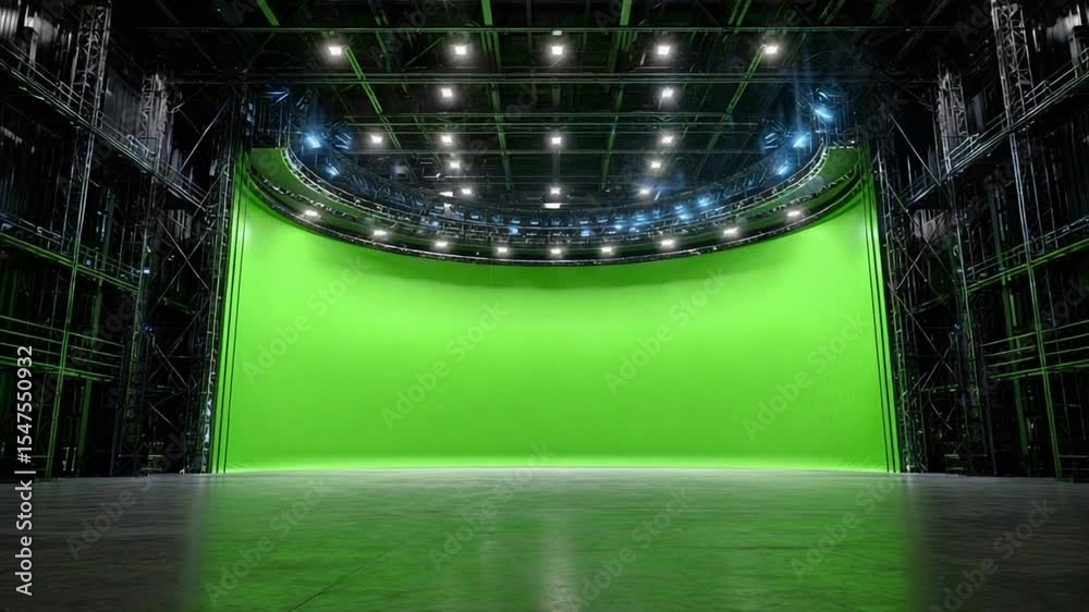 Green Screen Stage: A spacious, professional soundstage with a vibrant green screen, ideal for digital compositing and filmmaking. The studio is bathed in bright lighting.