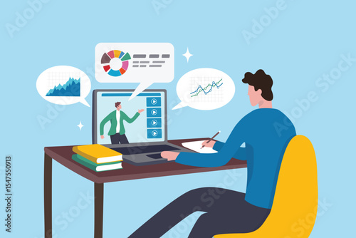 Online study learning course or internet education webinar, remote e-learning, teaching online or exam, test, knowledge wisdom concept, young man study online course on computer laptop at home.