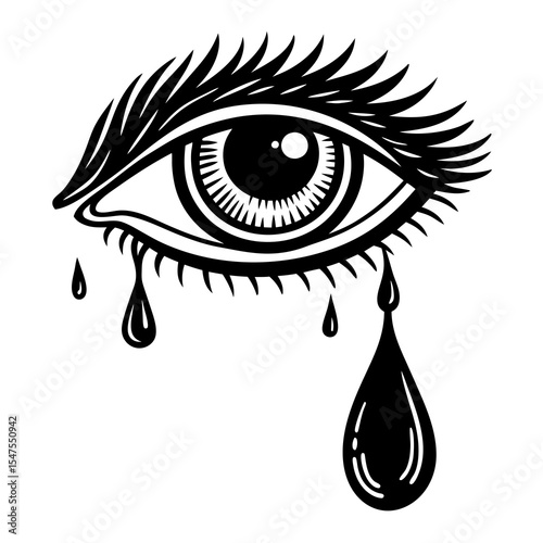 Detailed eye with tears isolated on white background