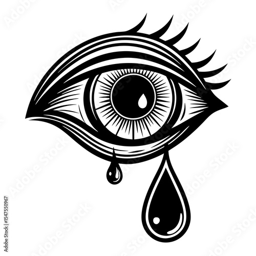 Detailed eye with tears isolated on white background