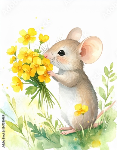 Adorable mouse holding yellow flowers among greenery in watercolor artwork