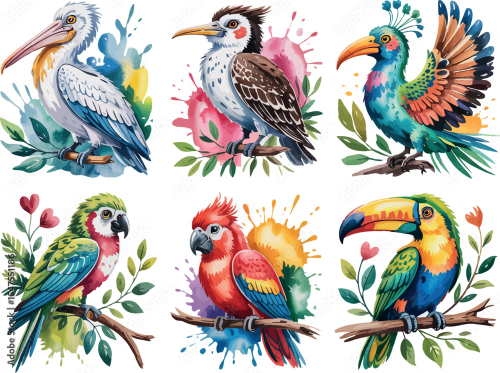 Obraz premium A variety of tropical birds are illustrated here. They are shown perched on branches. Leaves and flowers decorate the scene.