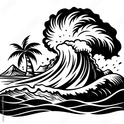 Tsunami wave approaching island with palm tree isolated on white