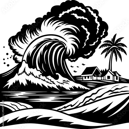Tsunami wave approaching houses and palm tree on the coast