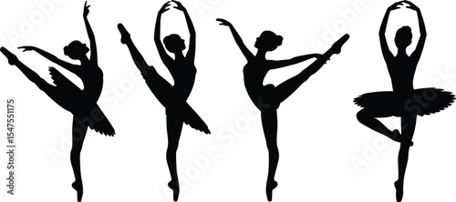 Silhouette vector of a ballet dancer in various graceful poses, demonstrating classical technique and flowing movements.