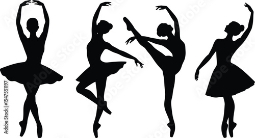 Adobe Silhouettes of ballerinas in various classical ballet poses and dance movements wearing tutus