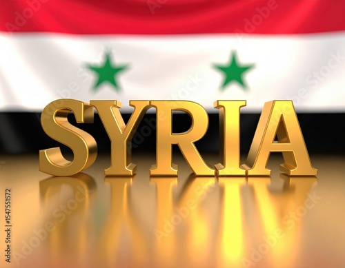 Syria flag and gold text representation on reflective surface