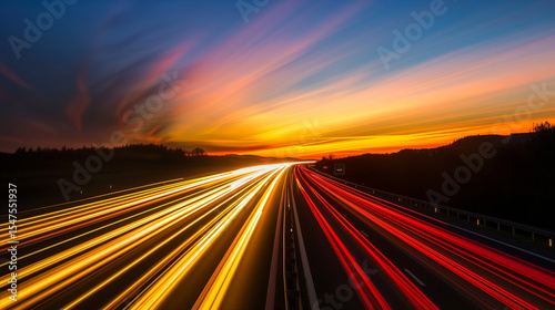 Empty highway with vibrant light trails under a warm dusk sky, capturing the essence of motion and solitude.
