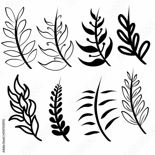collection of simple hand-drawn vector leaves in black and white, isolated botanical elements with clean lines and various abstract shapes, mix of outline and solid fill styles, minimal flat design