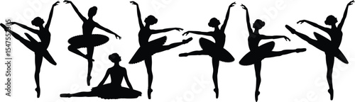 Collection of ballerina silhouette vector illustrations in various elegant ballet poses, including tutu and dance poses