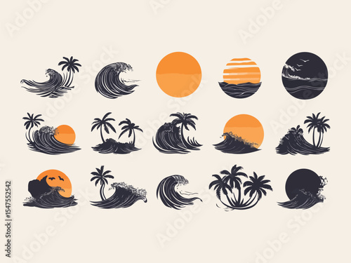 Collection of fifteen stylized vector illustrations depicting tropical beach scenes with waves palm trees and sunsets in a minimalist vintage inspired aesthetic on a light