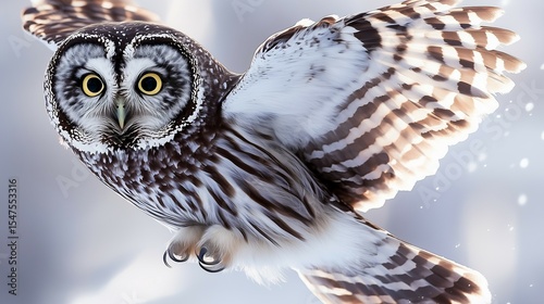 Striking Close-Up of a Boreal Owl in Flight with Intense Yellow Eyes and Open Wings