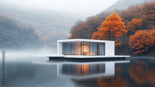 Contemporary Floating House on a Serene Lake Surrounded by Autumnal Forest Scenery