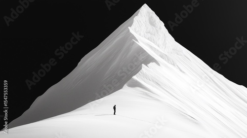 Solitary Figure Standing at the Base of a Majestic, Snow-Covered Mountain Peak