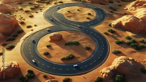 Aerial View of a Unique Figure-Eight Road System Winding Through a Desert Landscape
