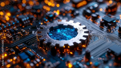 Close-up of a futuristic microchip with glowing circuitry and digital elements photo